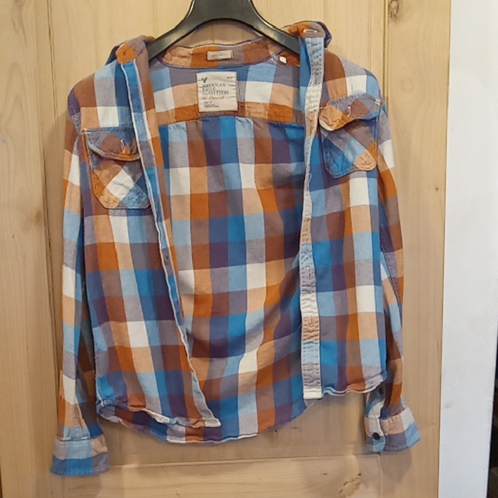 American Eagle Plaid Flannel Shirt - Blue, Orange, White